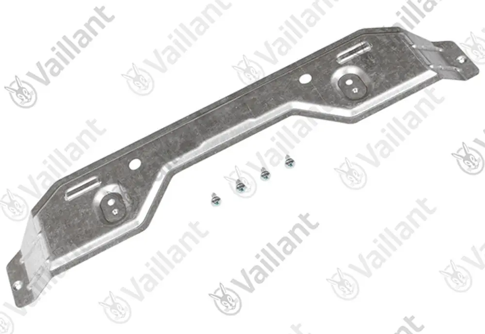 Vaillant Metallhalter für Strömungssicherung, flaches, rechteckiges Bauteil mit Montageöffnungen und Schrauben, geeignet für Heizsysteme.